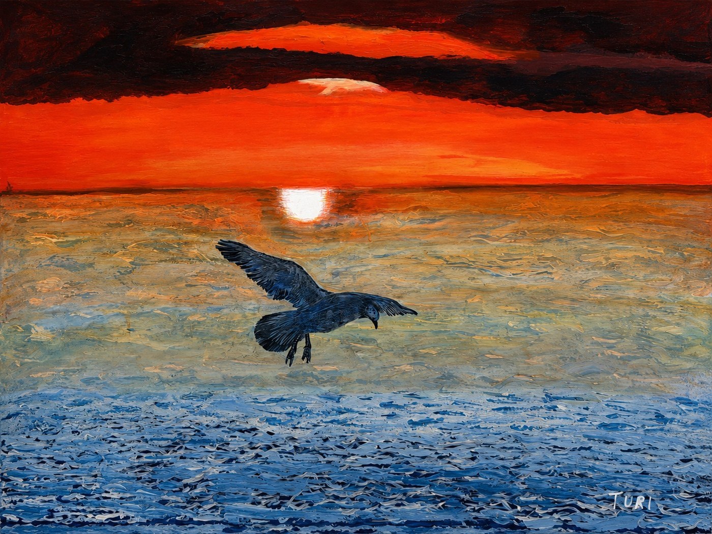 Cuadro Turi — gaviota volando hacia el atardecer sobre el mar